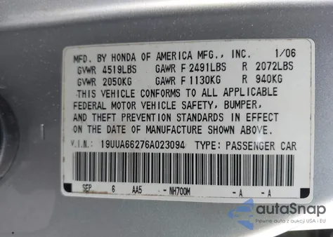 2006 Acura Tl z USA, uszkodzony, nr VIN 19UUA66276A023094